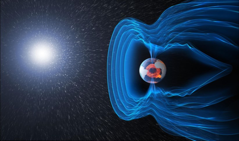 Ilustração do campo magnético da Terra, um escudo que nos protege da radiação cósmica e das partículas electricamente carregadas emitidas pelo Sol