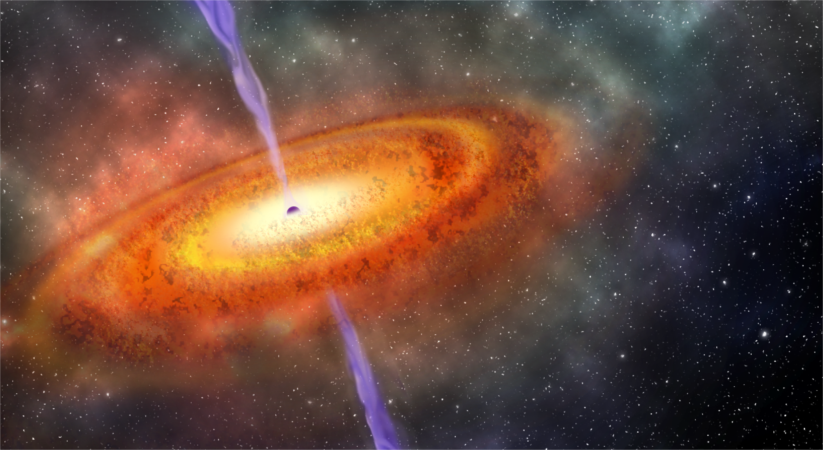 Ilustração artística do buraco negro supermaciço mais distante alguma vez encontrado 