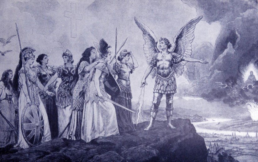 Ilustração alemã onde o arcanjo Miguel indica às nações europeias para desafiar a China
